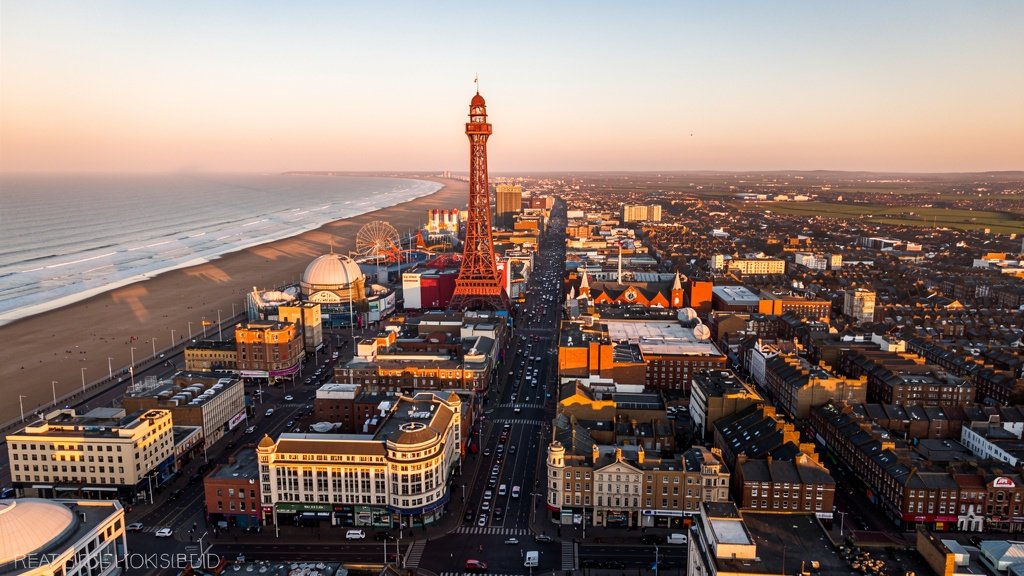 Aerial view of Blackpool showing the tower, seafront promenade and residential areas