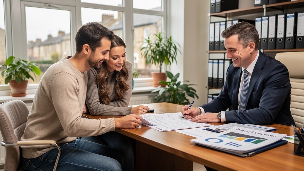 Happy clients reviewing their survey report from a Blackpool Surveyors surveyor