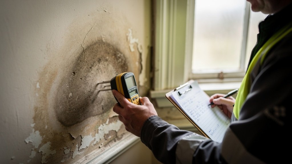 Surveyor measuring damp levels on a wall inside a Victorian property in Blackpool