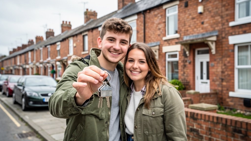 Young first-time buyers holding keys outside their new home on a Lancashire street
