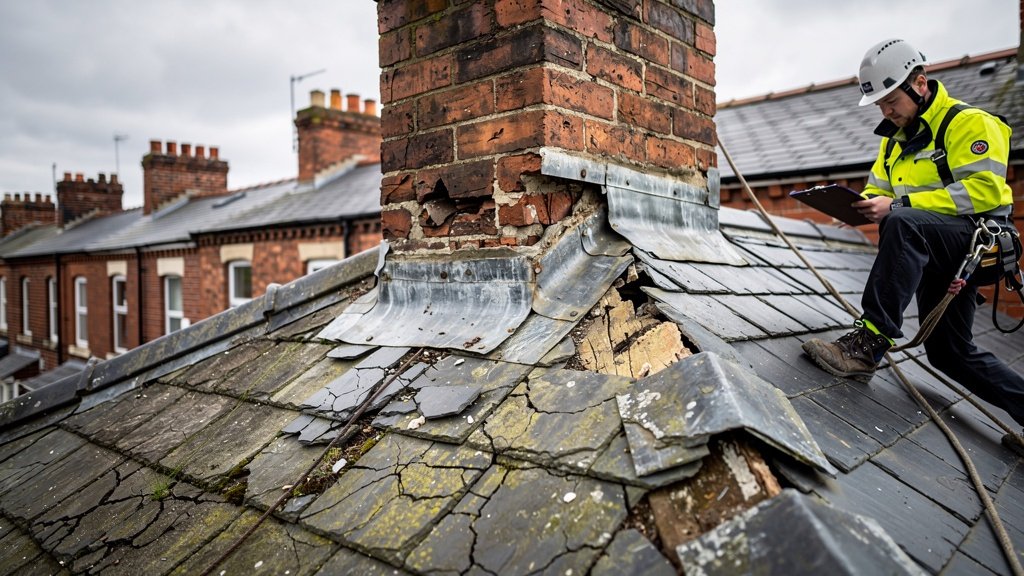 Surveyor inspecting a deteriorating roof and chimney stack on a Victorian property in Lancashire
