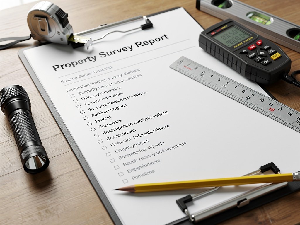 Professional survey report document on a desk with surveying tools — damp meter, torch and clipboard