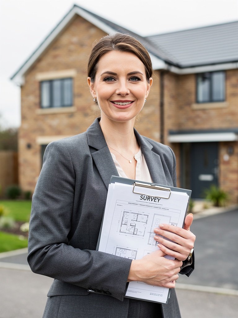 Sarah Mitchell — Surveyor at Blackpool Surveyors, standing outside a modern residential property