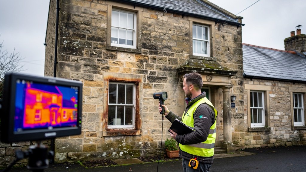 Surveyor using a thermal imaging camera to detect heat loss in a Lancashire period property